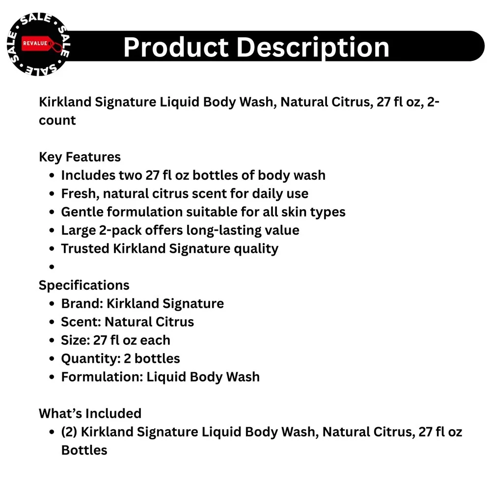 Kirkland Signature Liquid Body Wash Natural Citrus 27 fl oz 2-count